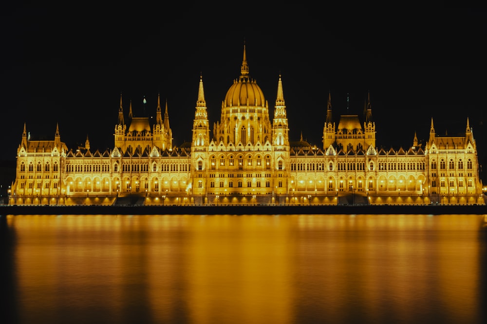 white and brown concrete building during night time