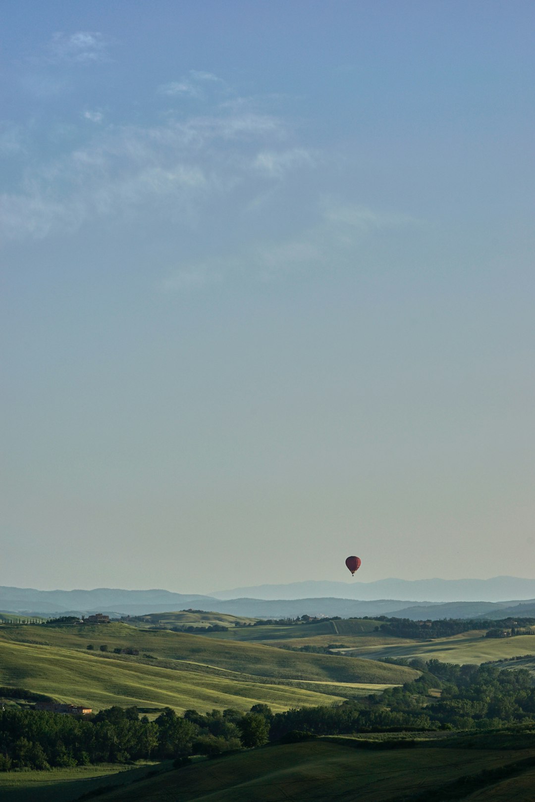 hot air balloon flying over green grass field during daytime