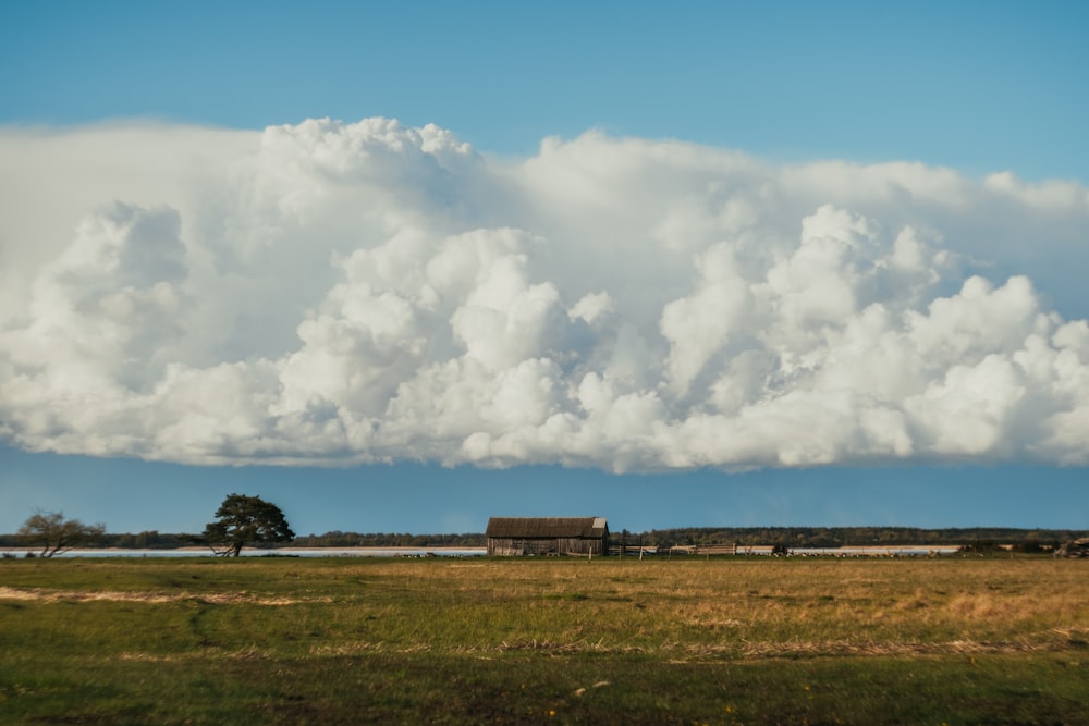 maison brune et blanche sur le champ d’herbe verte sous les nuages blancs et le ciel bleu pendant la journée