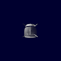 A top-down view of a minimalist chair with four angled legs extending outward, framed against a solid dark blue background. The chair has a smooth, rounded seat and backrest, with metallic legs that have a clean, sleek design.