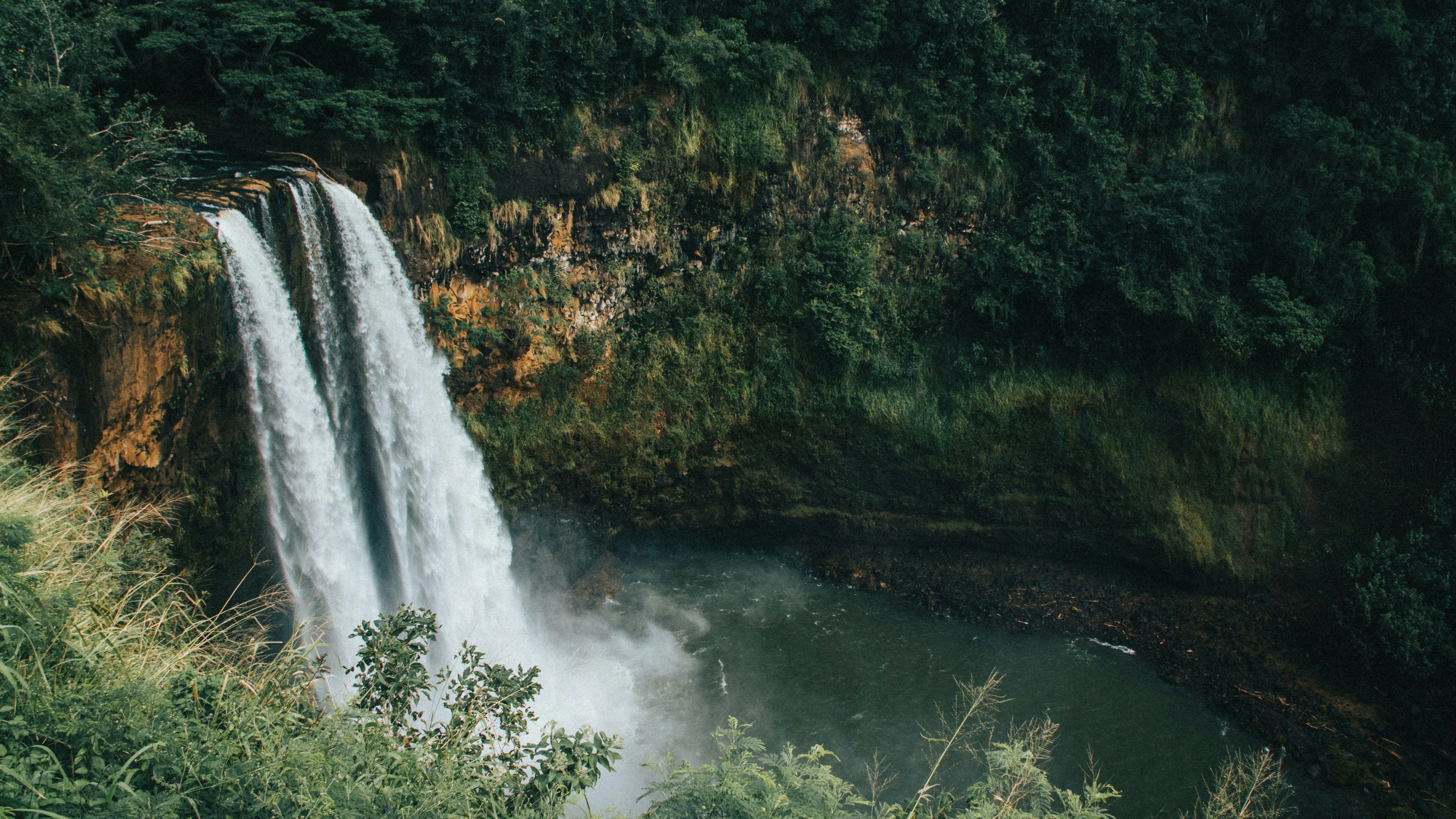 waterfalls in the middle of green trees, 