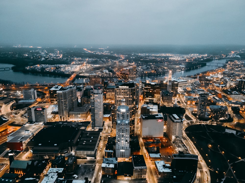 aerial view of city buildings during night time