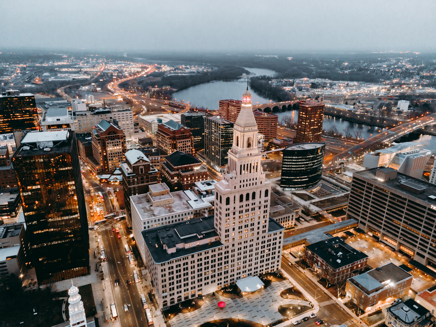 Aerial view of Downtown Hartford, Connecticut skyline