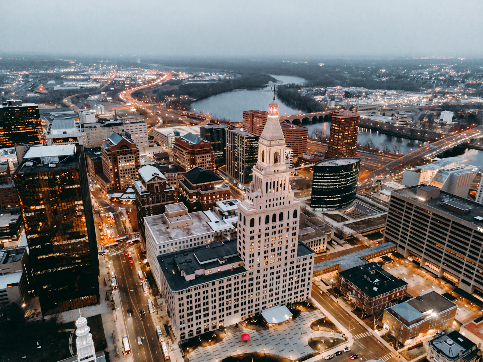 Aerial view of Downtown Hartford, Connecticut skyline