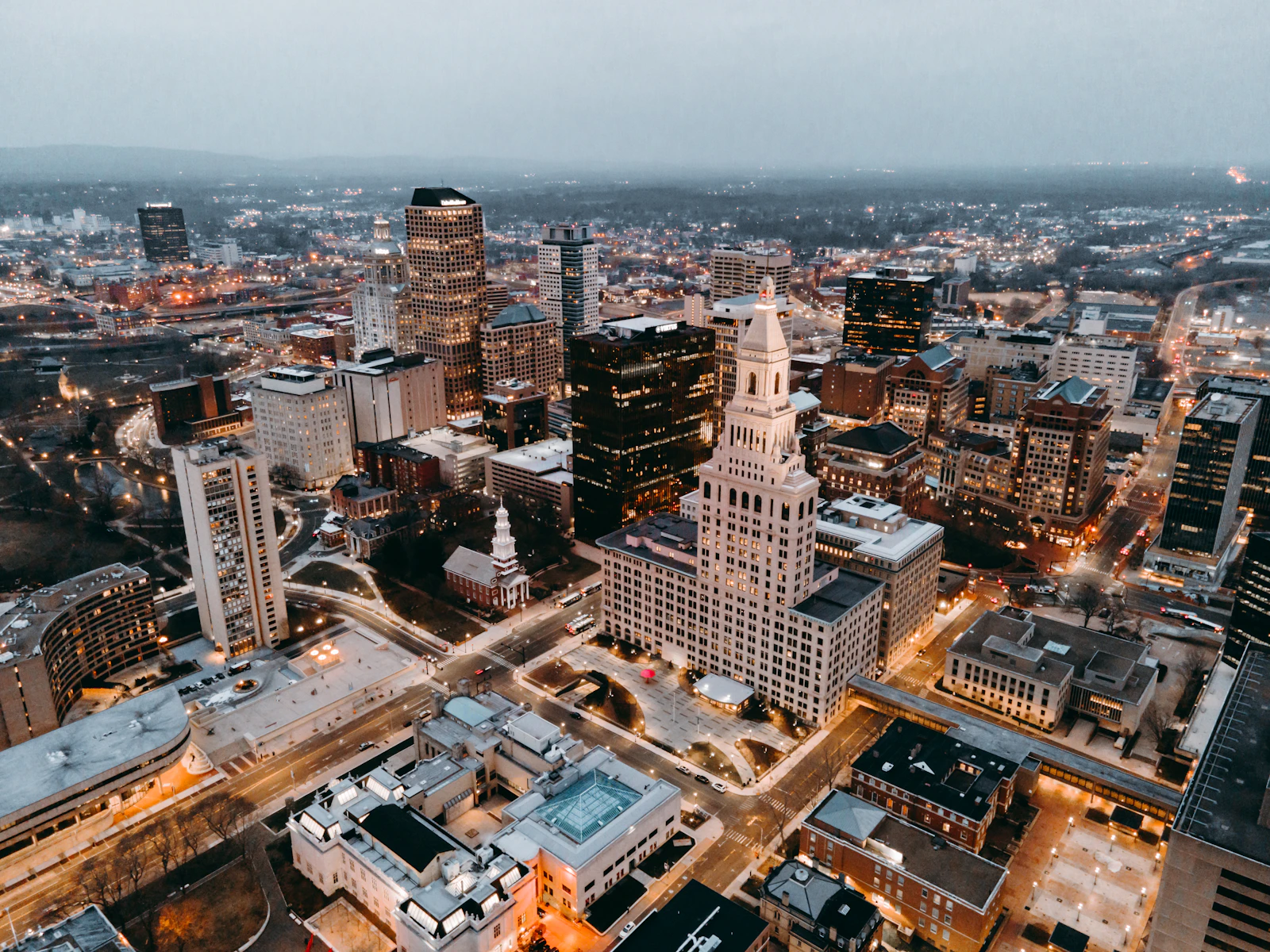 Downtown Hartford, Connecticut aerial view of the financial core