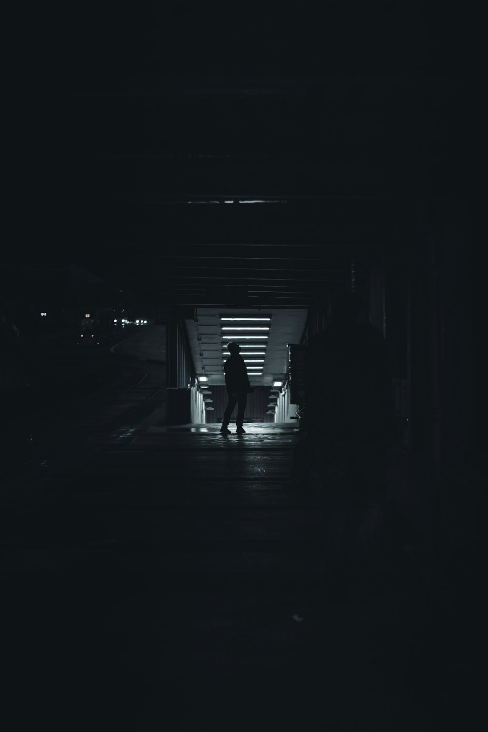 silhouette of person walking on tunnel