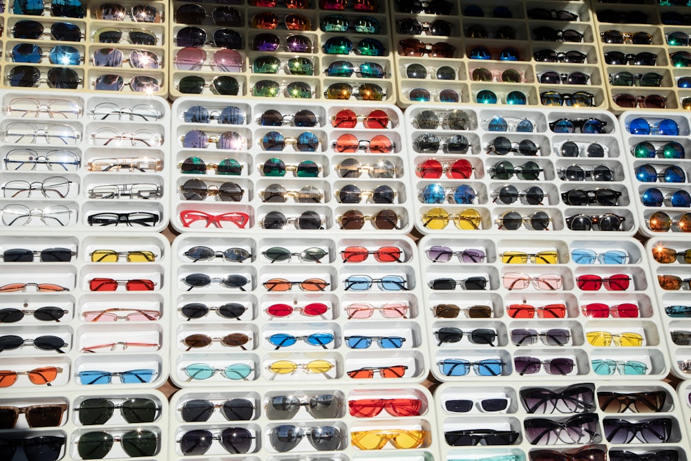 assorted color sunglasses on display