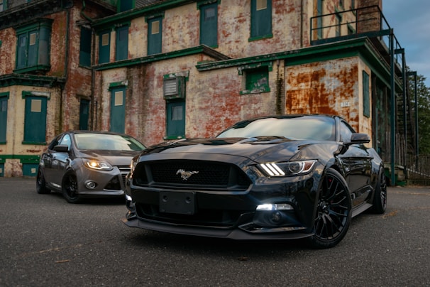black ford mustang parked on the road on sleek michelin tyres sold at tyrepublic nigeria