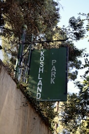 A green, weathered sign hangs from a metal frame, displaying the text 'Koshland Park' in white capital letters. It is surrounded by lush foliage and set against a clear sky, with leaves and branches partially obscuring parts of the sign.