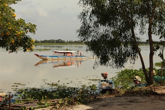 A narrow boat with colorful blue and red highlights navigates a calm, reflective body of water, surrounded by green vegetation and trees. The scene is peaceful with clear skies and distant greenery lining the horizon.