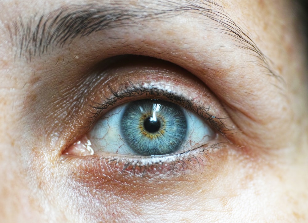 persons blue eyes in close up photography