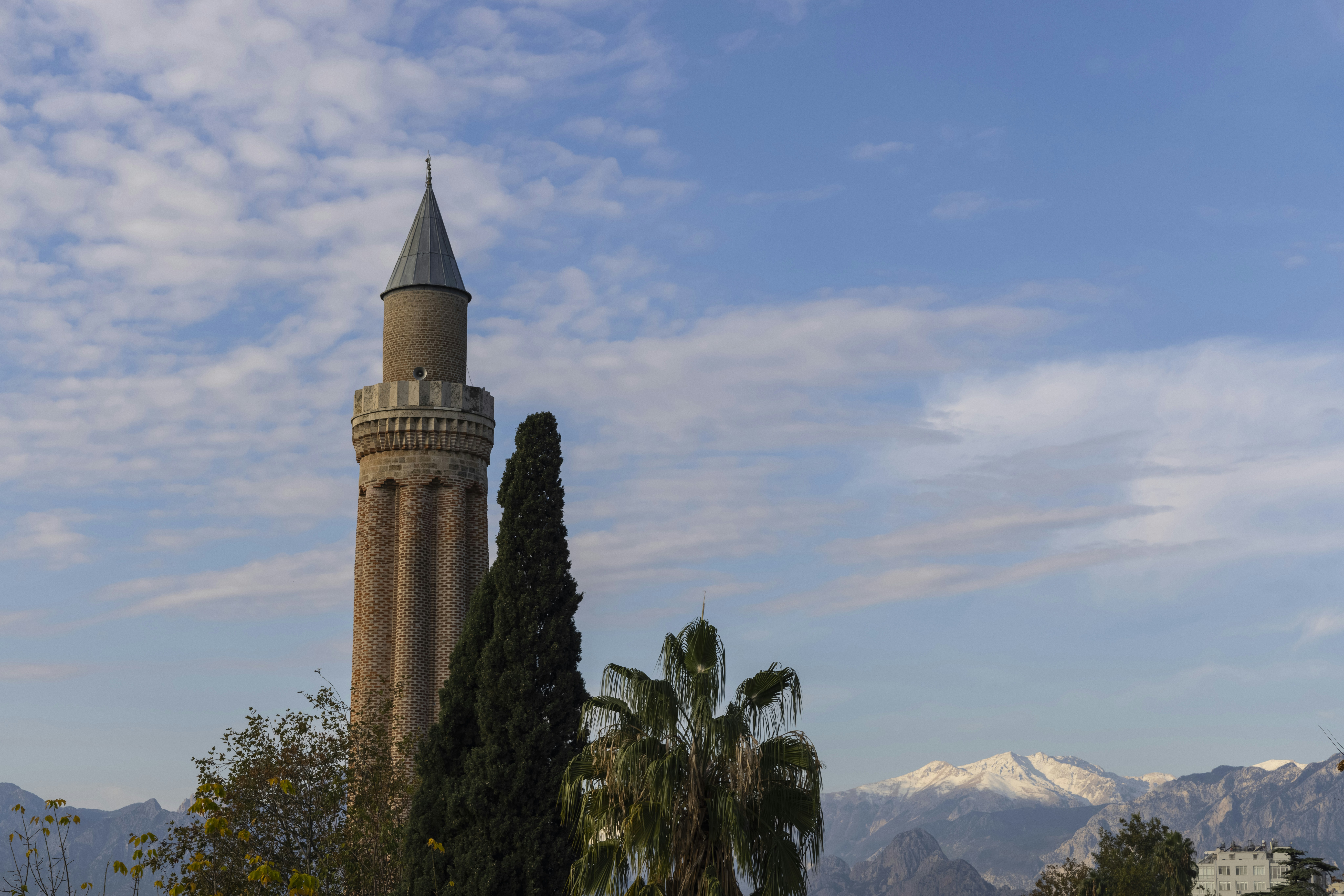 green palm trees near mountain during daytime, old minaret and cloudy sky