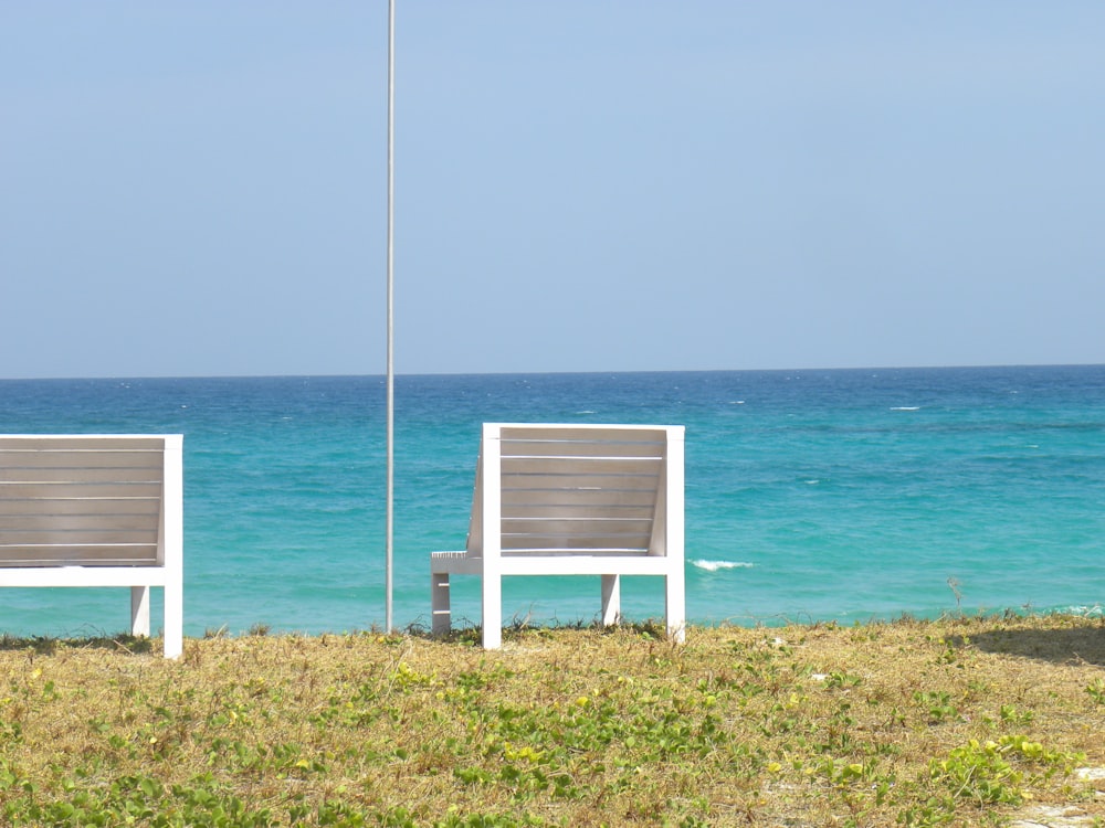 white wooden chair on green grass field near sea during daytime