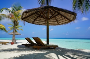 brown wooden lounge chairs on beach during daytime