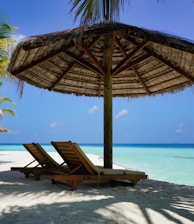 brown wooden lounge chairs on beach during daytime