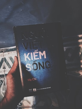 A hand is holding a book with the title 'Người Việt Kiếm Sống' by Hạ Chi. The background features a patterned tile surface with a vintage aesthetic.