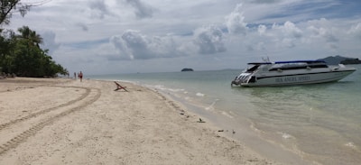A serene beach setting with a clear view of the ocean and sky. A speedboat labeled 'Sea Angel Speed' rests in shallow waters close to shore. The sandy beach has tire tracks and scattered vegetation. A few people can be seen walking along the shoreline, and there are lush green trees on the left.