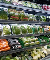 Various fresh vegetables packaged in plastic wrap and arranged neatly on supermarket shelves, including carrots, eggplants, cucumbers, and leafy greens.