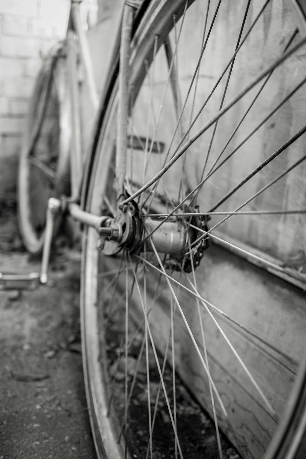 bicycle wheel on wooden floor