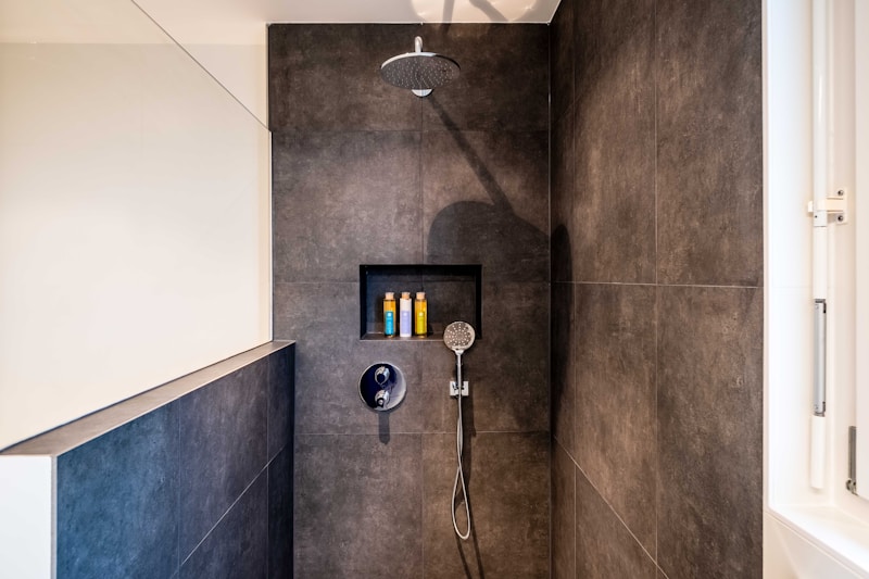 Walk-in shower with slate tiles
