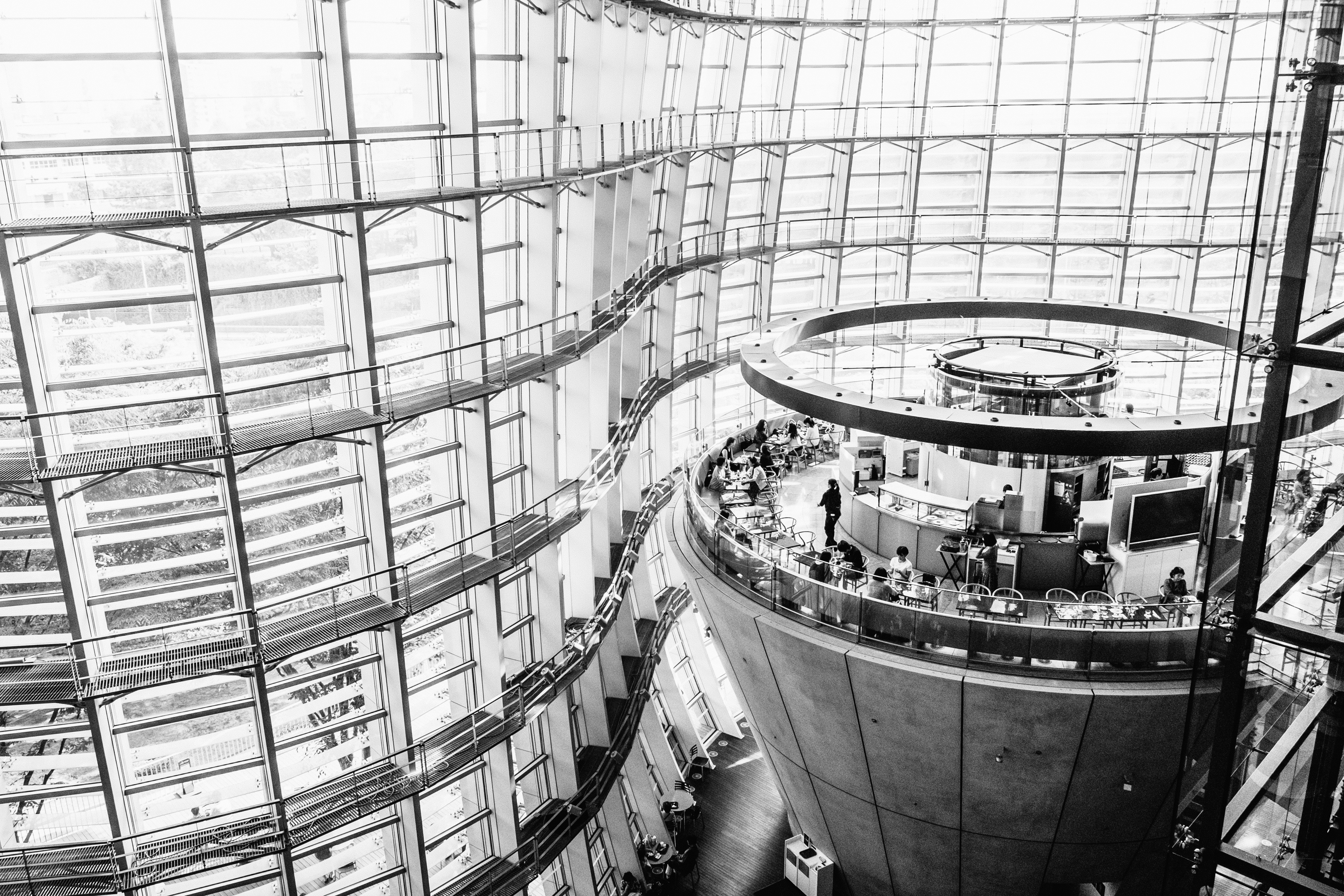 people walking inside building with glass walls