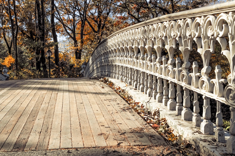 Puente de madera marrón con valla metálica blanca