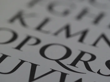 Close-up of elegant, thin serif font signage on a charcoal grey background.