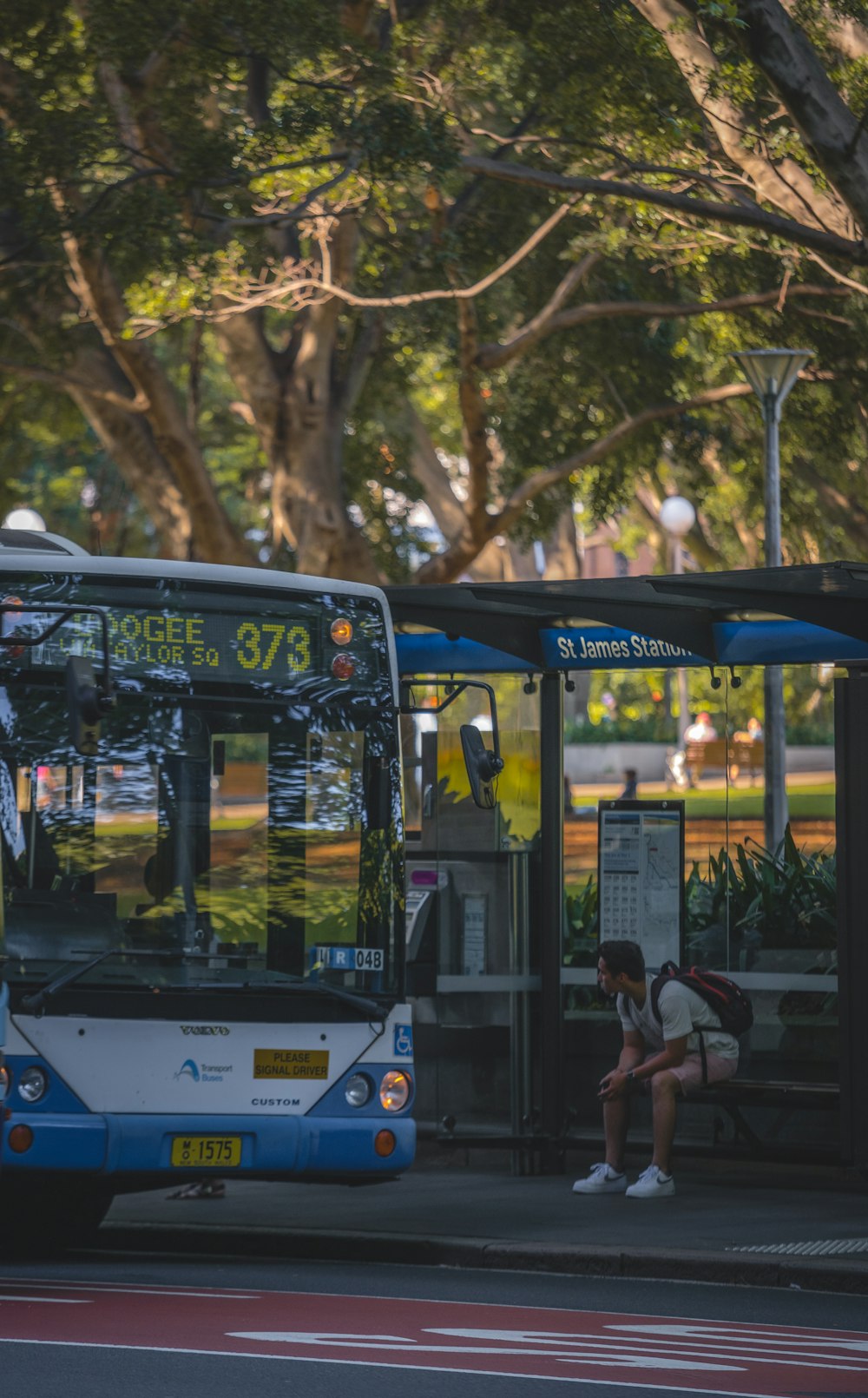 pessoas sentadas no banco perto do ônibus durante o dia