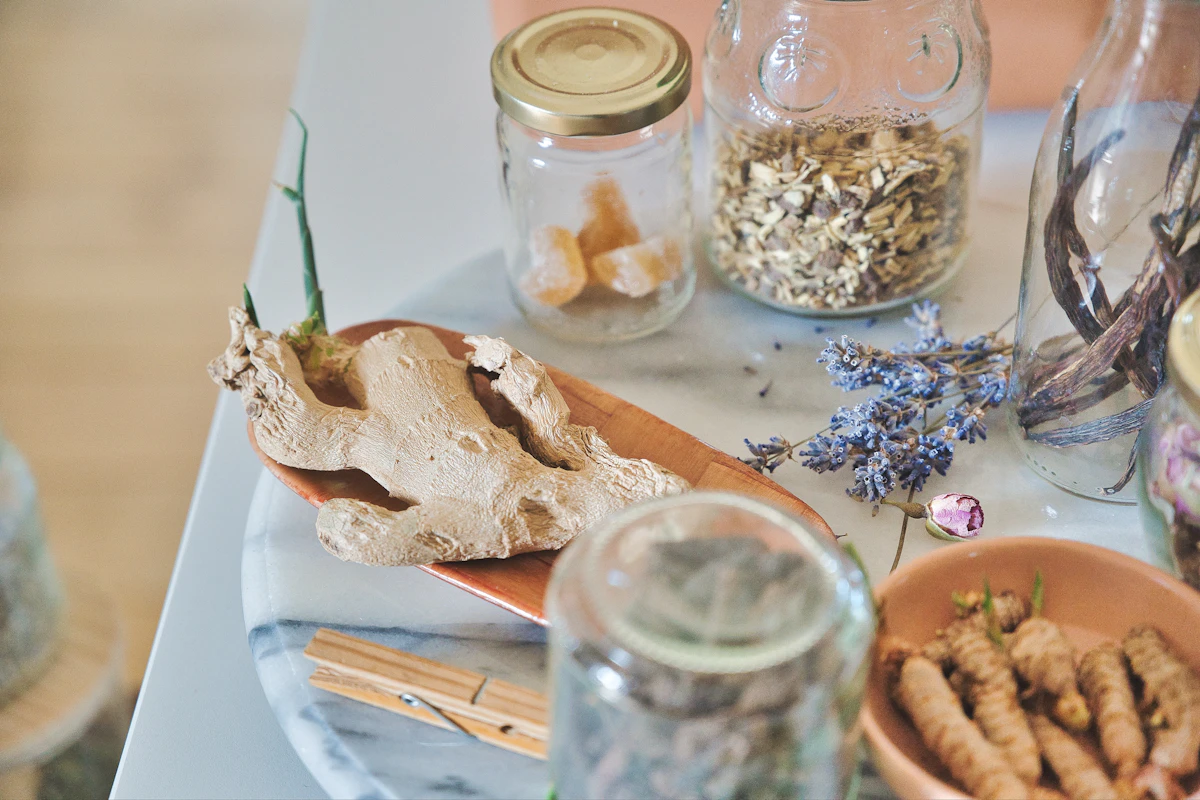 Jars of dried herbs, roots, and lavender arranged like a natural apothecary