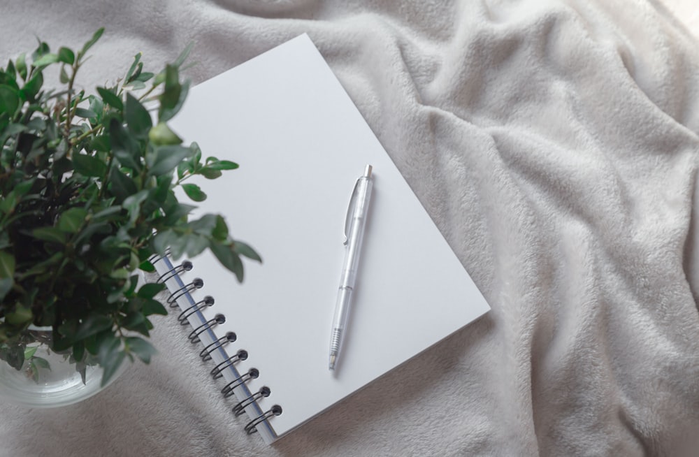 Bolígrafo de clic blanco en cuaderno blanco