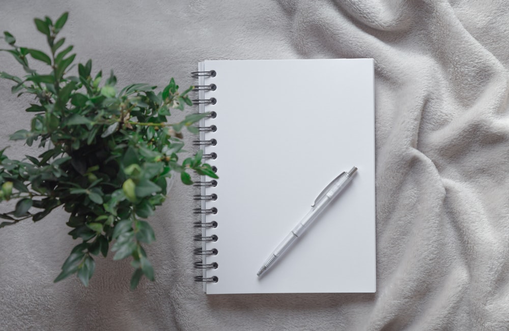 bolígrafo blanco sobre cuaderno de espiral blanco