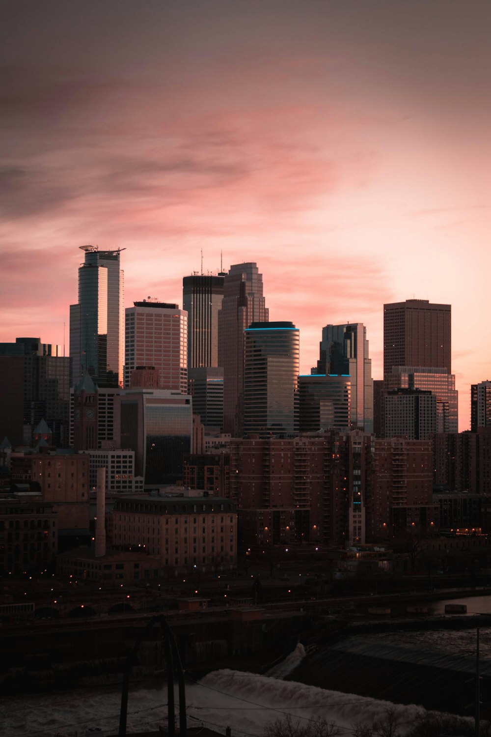 city skyline during night time