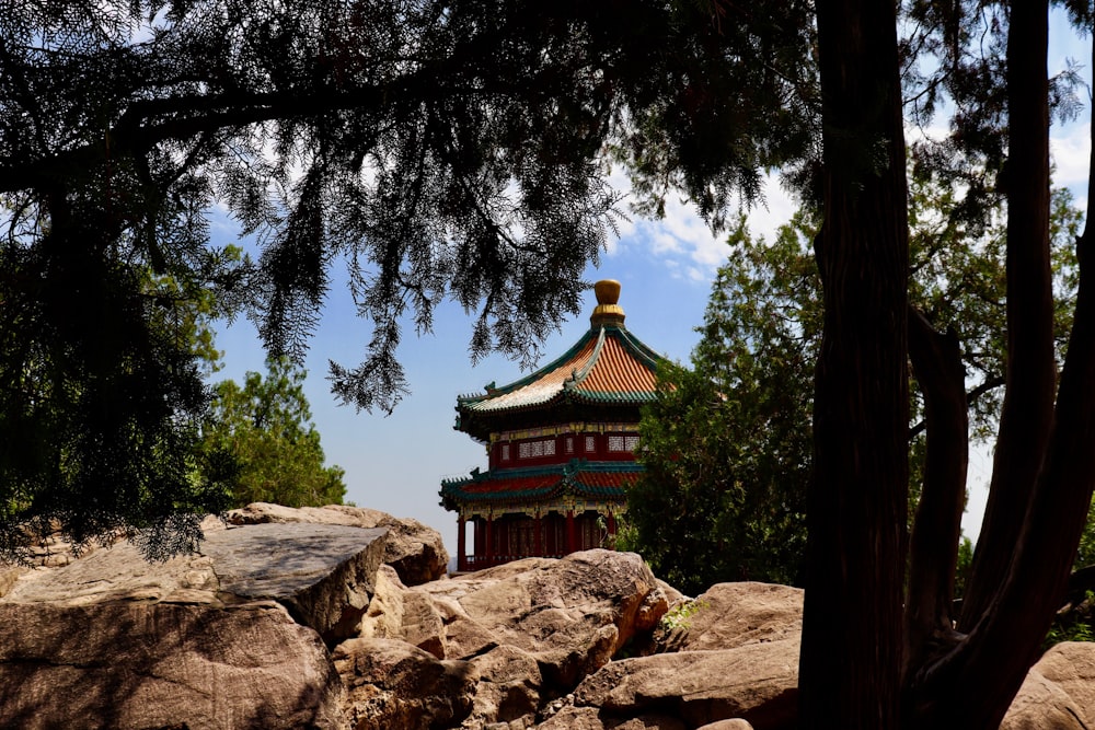 Temple de la pagode brune et verte entouré d’arbres pendant la journée