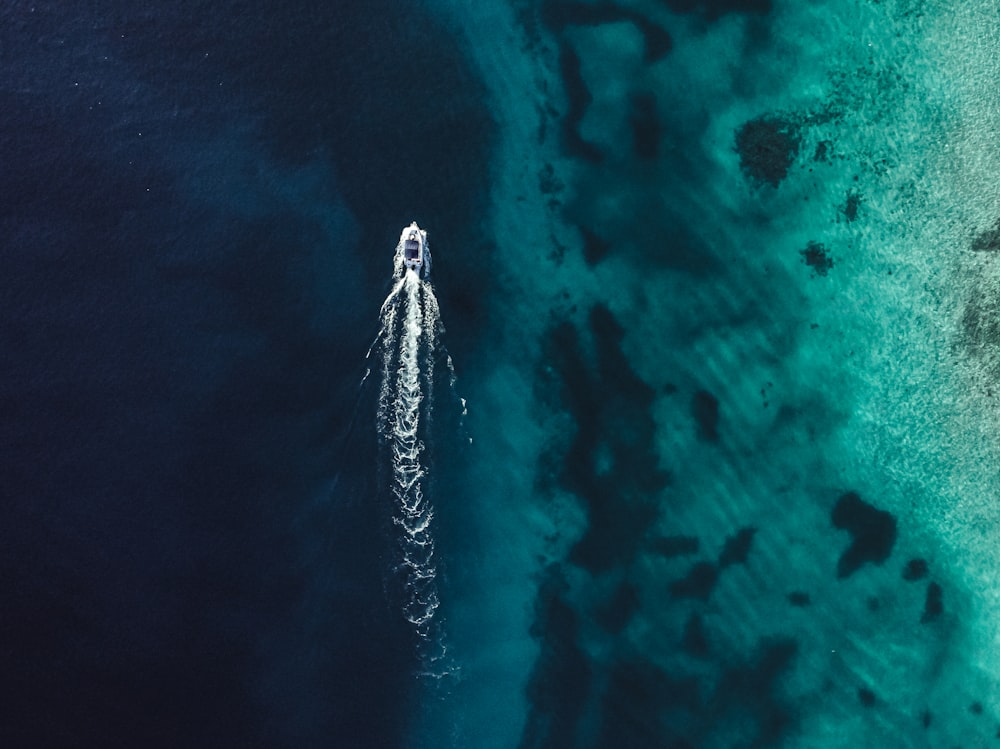 aerial view of white boat on blue sea during daytime