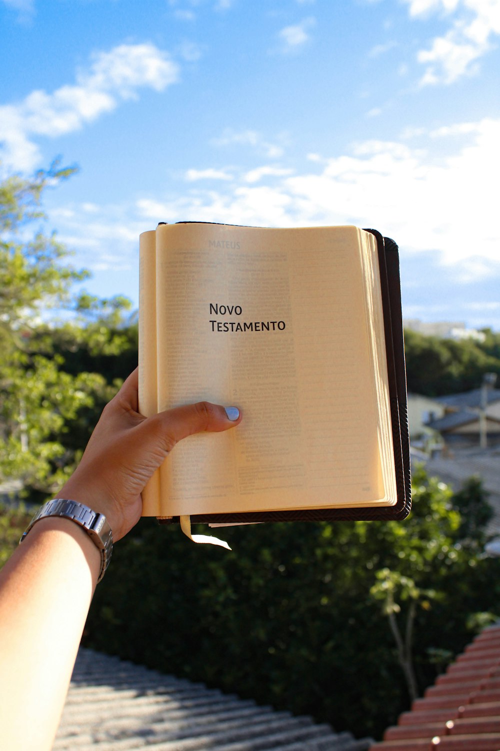 person holding brown book during daytime