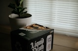 A box of Liquid Death sparkling water sits on a wooden table next to a potted plant. The box is partially opened, revealing gold-colored cans inside. The background features white blinds, allowing subdued natural light to filter through.