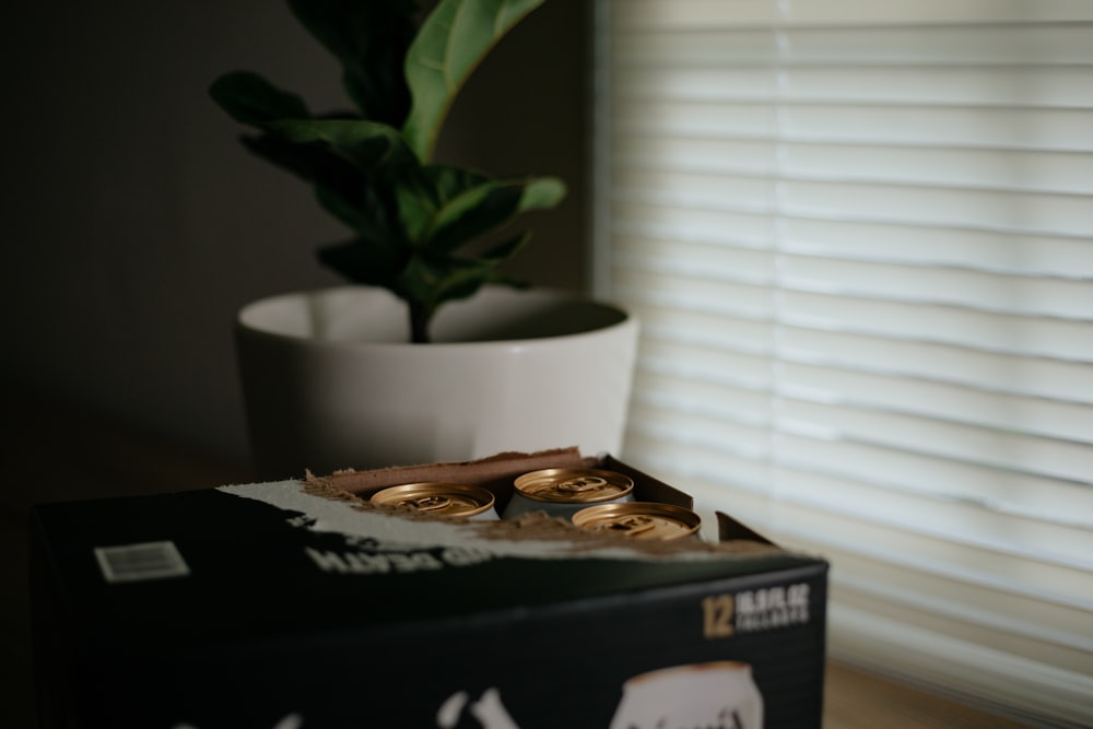 white ceramic pot on black box