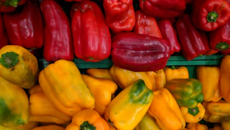 Bright red bell peppers and fresh green beans displayed against a deep green backdrop.