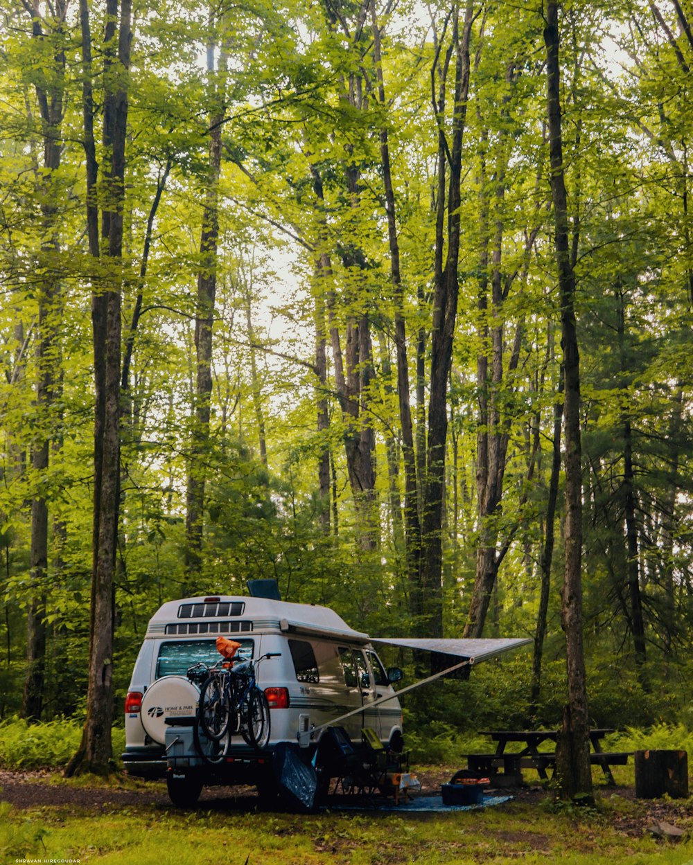 white and black helicopter in the forest during daytime