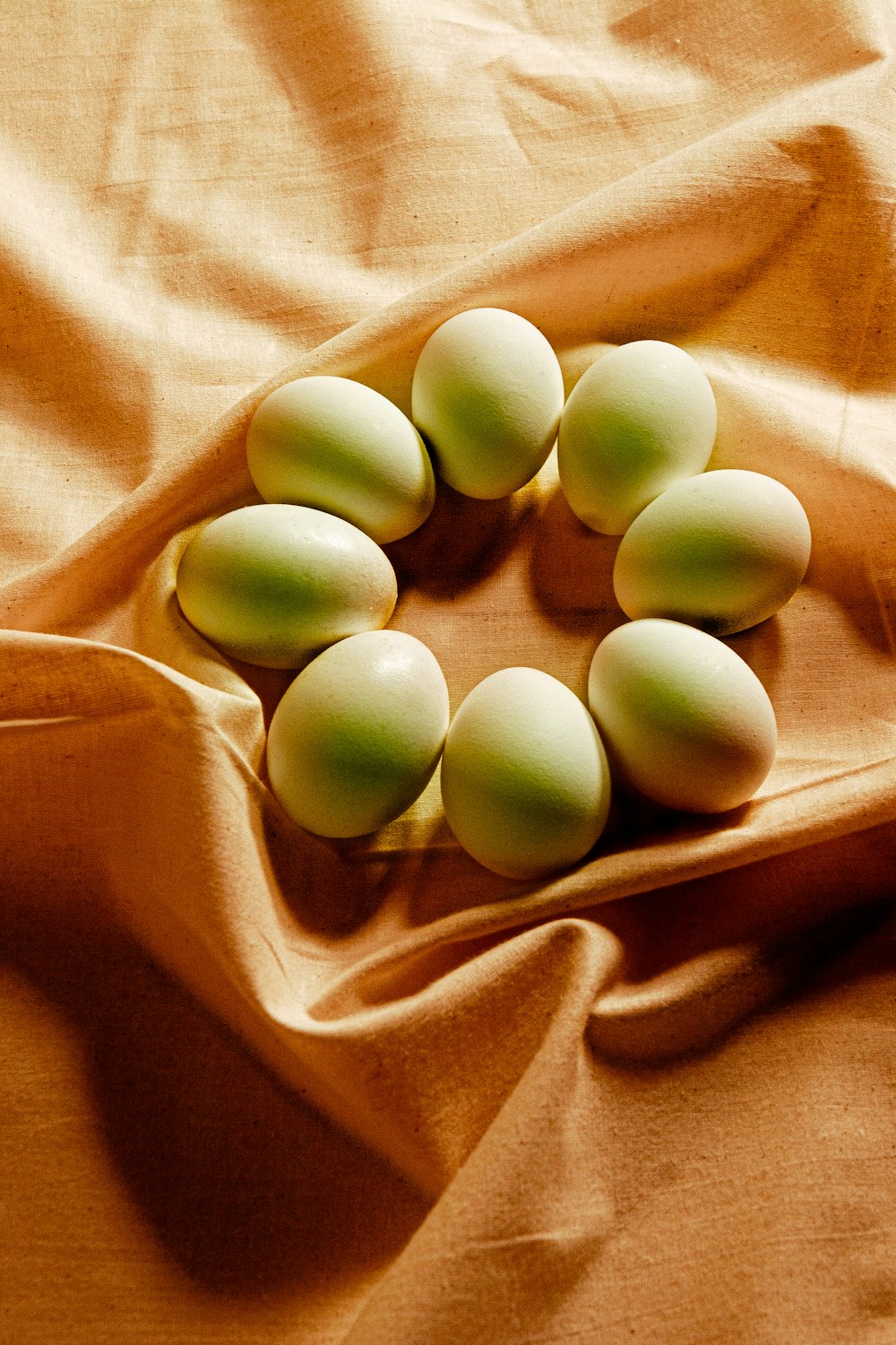 white eggs on brown textile