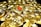 A collection of shiny gold coins featuring the Bitcoin symbol, with one prominent coin having a red Bitcoin symbol. The coins are stacked and scattered, reflecting light with a metallic sheen.