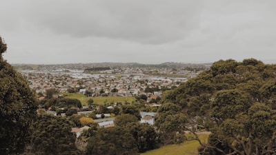A panoramic view of multiple empty plots lined with trees and local houses in the background.