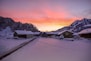 snow covered houses and trees during sunset