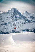 A dynamic snowscoot rider performing a freestyle jump against snowy mountain peaks at sunset.