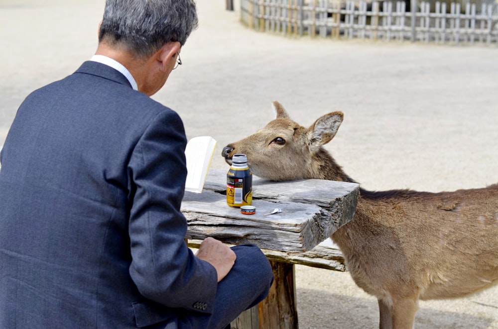 man in blue suit jacket and brown deer