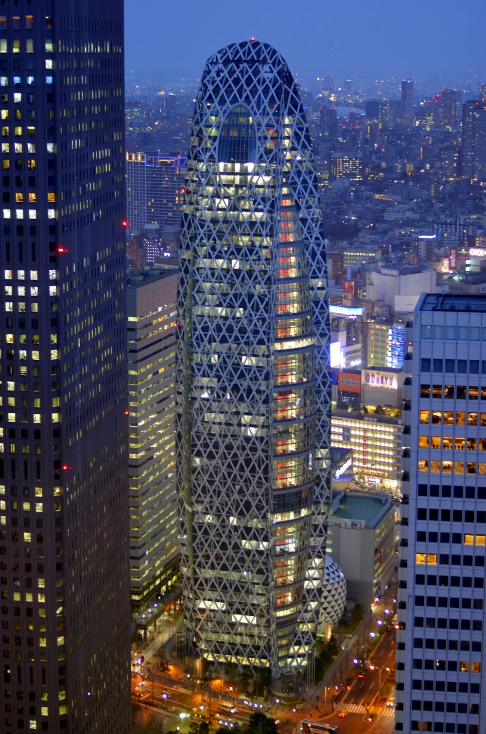 aerial view of city buildings during night time