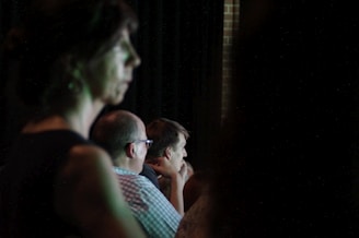 A darkened room with several people appearing to be listening intently. The scene is dimly lit, with one person in the foreground out of focus, and others slightly clearer in the midground, suggesting an indoor event or presentation.