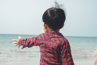 A young child wearing a red and blue checkered shirt is standing near the beach, facing the sea with one arm outstretched. The background shows a calm, clear ocean under a pale blue sky.
