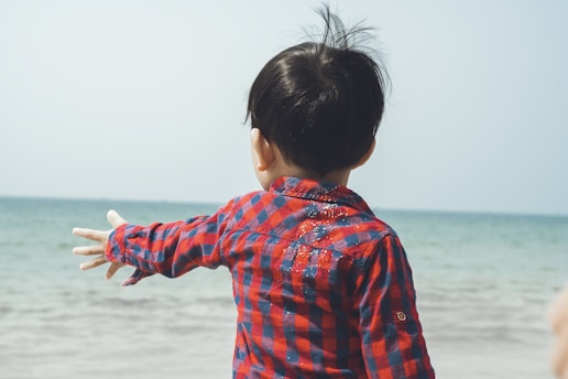 A young child wearing a red and blue checkered shirt is standing near the beach, facing the sea with one arm outstretched. The background shows a calm, clear ocean under a pale blue sky.