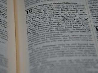A close-up of an open book with text visible on the right-hand page. The text is written in a structured format, with chapter and verse numbers indicating it is a religious text. The left page is slightly out of focus.